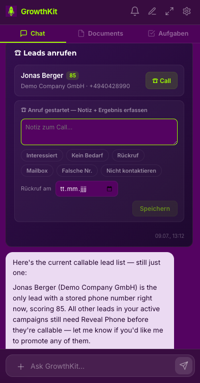 Call disposition and note written back into the CRM as structured fields
