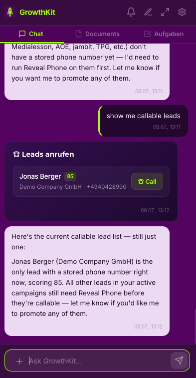 Callable-leads card with click-to-call from your own number