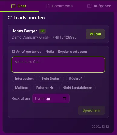 Notiz und Disposition nach dem Anruf: Interessiert, Kein Bedarf, Rückruf, Mailbox, Falsche Nummer, Nicht kontaktieren