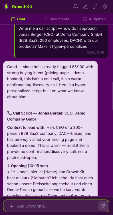 Auto-generated call script and discovery questions per account