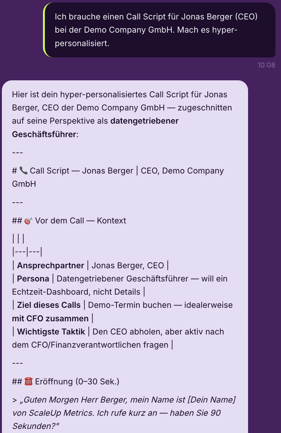 Auto-generated call script and discovery questions per account